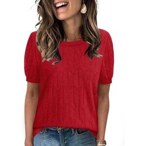 Women Short Sleeve Red Sweater Round Neck Summer Work Beach Vacation Top